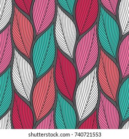 Stylized colorful leaves seamless pattern. Nature universal textures. Hand drawn decorative floral ornamental background. Vector illustration