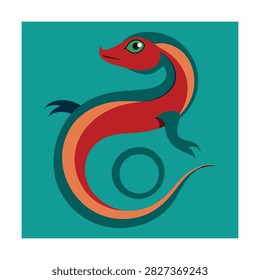 Stylized of a colorful lizard with a curved tail on a solid teal background, flat