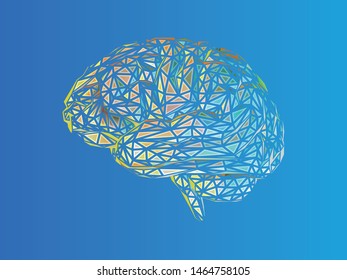 stylized colorful low poly triangular brain illustration isolated on bright blue background