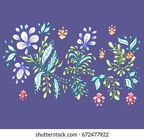 Stylized colorful paint doodle vector bright flower art nature background. Floral violet pink red green color hand drawn illustration isolated botanical element for card, print, fabric