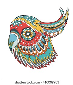 Stylized colorful parrot portrait on white background. 
