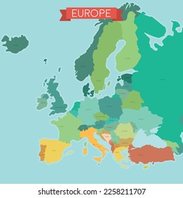 Stylized Colorful political map of Europe. With country name labels. 