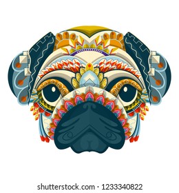 Stylized colorful pug portrait on white background