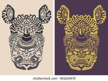 Stylized colorful rhino portrait set.