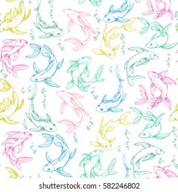 Stylized colorful seamless fishes. Ornamental line art hand drawing. Decorative vector pattern isolated on white background.