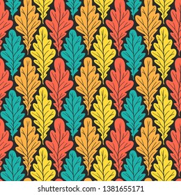 Stylized colorful silhouette oak leaves seamless pattern. Nature universal textures. Hand drawn decorative floral ornamental background. Vector illustration
