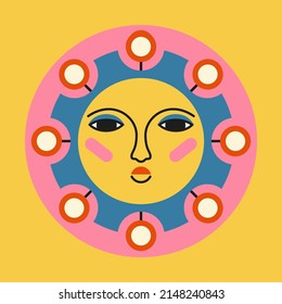 Stylized colorful sun with a face. Drawn character with emotion. Vintage color illustration with ethnic elements. Sticker for decor, logo, printing, textiles, packaging. Vector flat drawing