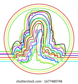 Stylized colorful vector image of a mountain silhouette resembling sound wave enclosed in a circle