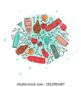Stylized colorful wine bottles and glasses on a textured green background.  Vector illustration.