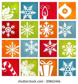 Stylized and colorful winter and holiday icon set.