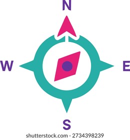 A stylized compass with a pink needle pointing north, surrounded by a teal circle and cardinal directions.