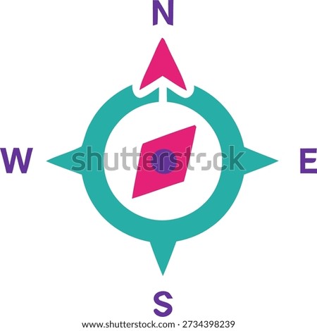 A stylized compass with a pink needle pointing north, surrounded by a teal circle and cardinal directions.