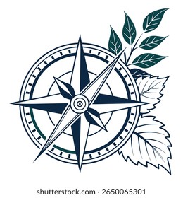 A stylized compass rose illustration with dark blue and green accents, intertwined with botanical leaf elements.