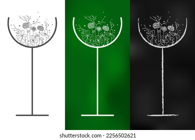 Stylized composition - clover flowers in a glass, sketch. Isolated object on white, green and graphite background. St. Patrick's Day. Vector.