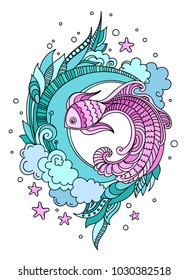 Stylized composition of fish among seaweed on a white background. Colored vector illustration print, poster, card, t-shirt.