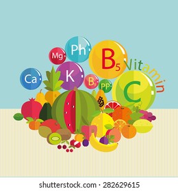 Stylized composition - fresh fruit and vitamins. Microelements - calcium, potassium, phosphorus, magnesium and vitamins B5, C, B9, PP. Basics of healthy nutrition.