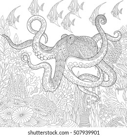 Stylized composition of giant octopus, tropical fish, underwater seaweed and corals. Freehand sketch for adult anti stress coloring book page with doodle and zentangle elements.