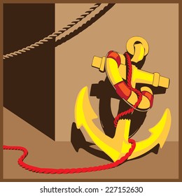 stylized composition on the marine theme with warm colors. anchor, life buoy and ropes. can be used in advertising, printing products, as a symbol, etc.