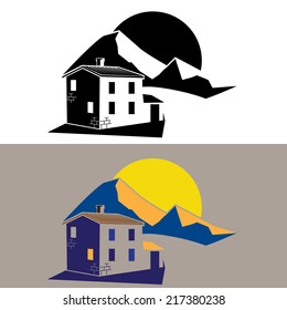 stylized composition on the theme of a country house in the mountains in several colors