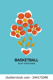 Stylized composition of the three flowers with petals in the form of basketball balls that grow from the heart.