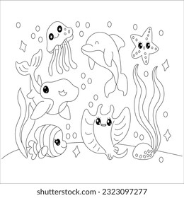 Stylized composition of tropical fish, calamari, seahorse, underwater seaweed, corals and starfish. anti stress coloring book page. Starfish black and white. Coloring page for kids. Coloring pages.