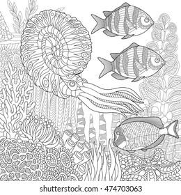 Stylized composition of tropical fish, calamari (squid), underwater seaweed, corals and starfish. Freehand sketch for adult anti stress coloring book page with doodle and zentangle elements.