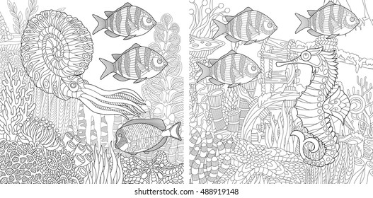 Stylized composition of tropical fish, calamari (squid), seahorse, underwater seaweed, corals and starfish. Set collection for adult anti stress coloring book page with doodle and zentangle elements.