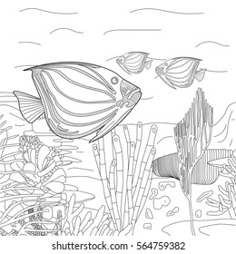 Stylized composition of tropical fish and corals. Set collection for adult anti stress coloring book page.