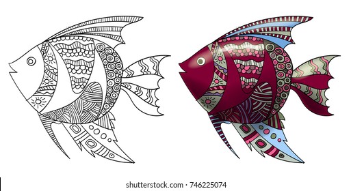 Stylized composition of tropical fish. Freehand sketch for adult anti stress coloring book page with doodle and zentangle elements.