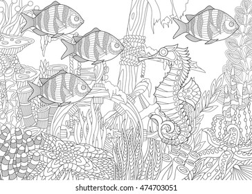 Stylized composition of tropical fish, seahorse, underwater seaweed, corals and starfish. Freehand sketch for adult anti stress coloring book page with doodle and zentangle elements.