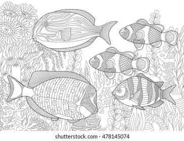 Stylized composition of tropical fish, underwater seaweed and corals. Freehand sketch for adult anti stress coloring book page with doodle and zentangle elements.