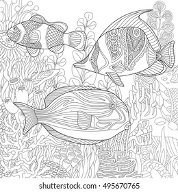 Stylized composition of tropical fish, underwater seaweed and corals. Freehand sketch for adult anti stress coloring book page with doodle and zentangle elements.