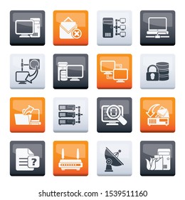 Stylized Computer Network and internet icons over color background - vector icon set