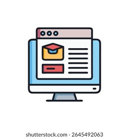 Stylized computer screen displays email icon, text lines. Flat graphic style with clean lines, light blue and bold outlines.