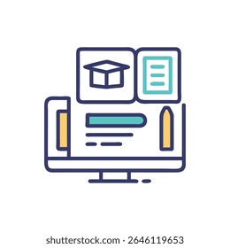 A stylized computer screen displays graduation cap and document icons. Simple flat design with navy blue and teal color scheme.