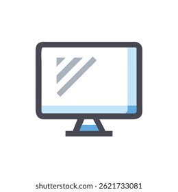 Ilustración de pantalla de computadora estilizada con Formas simples y paleta de colores suaves. Diseño plano sobre fondo blanco sólido.