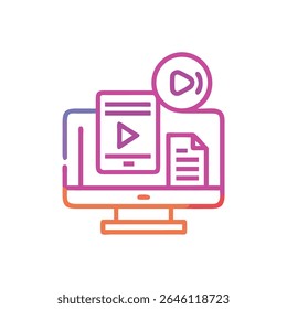 Stylized computer screen with video and document icons. Simple graphic illustration in pink, purple and orange on White Background.