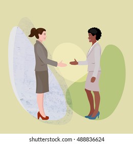 stylized conceptual illustration with two women shaking hands