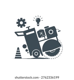 Stylized construction machine with saw blade, gear and light bulb icons, conveying industrial innovation and work zone themes.