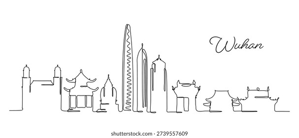 Stylized continuous line art drawing depicting the Wuhan city skyline with iconic buildings and landmarks Clean minimalist illustration on a white background