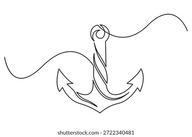 Estilizado arte de línea continua de un pesado ancla de mar con detalle de vástago retorcido, ideal para la marca temática de navegación, señalización de astilleros, gráficos de ropa náutica, ilustraciones de estilo de vida marino, logotipos de clubes oceánicos y obras de arte promocionales costeras