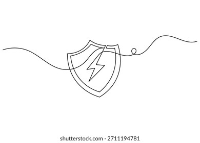 Desenho de linha contínua estilizado: conceito de escudo e raio.
