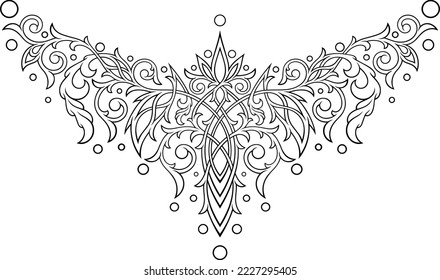 Stylized contour ornamental victorian gothic design. Tattoo under breast, necklace shape