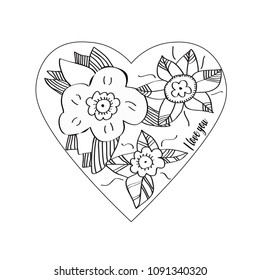 Stylized, contour pattern on a white background. Heart inside which flowers are painted.