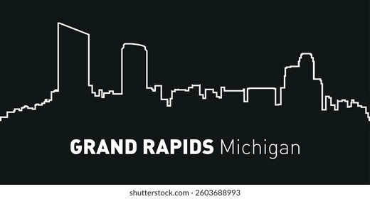 The stylized contour silhouette of the Grand rapids skyline is made in a minimalist style