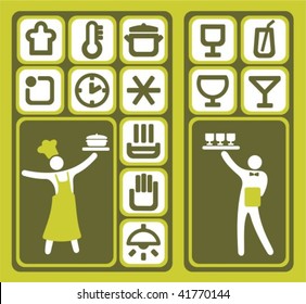 Stylized cook and waiter and restaurant icons set.