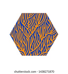Stylized coral background. Hexagon vector modern illustration, summer time design element, blue and orange beach holiday symbol.