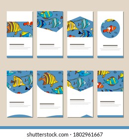 Stylized coral fishes on blue background. Set with different templates. Cards for your design and advertisement