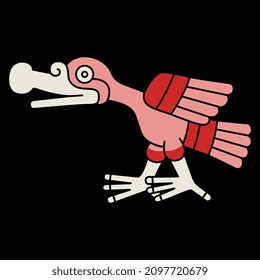 Stylized cormorant bird. Native American animal motif of Aztec Indians from Mexican codex. Isolated vector illustration. On black background.