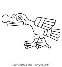 Stylized cormorant bird. Native American animal motif of Aztec Indians from Mexican codex. Black and white linear silhouette. Isolated vector illustration. 